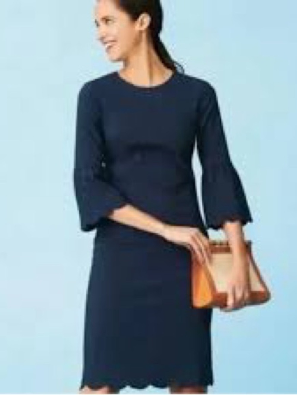 J. McLaughlin Elle Navy Scalloped Hem Shift Dress Bell Sleeves 4